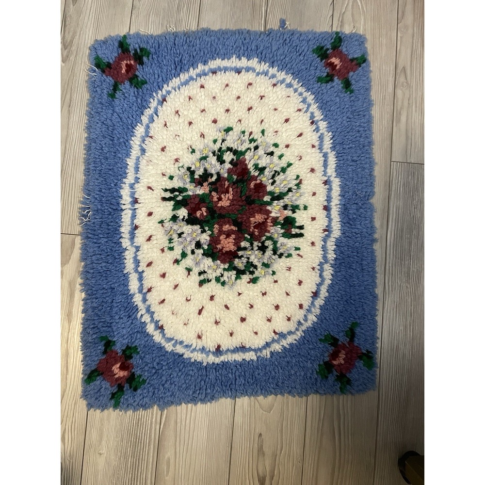 Vintage Completed Latch Hook Rug Wall Hanging 26 X 20 Blue w Pink  Purple Floral
